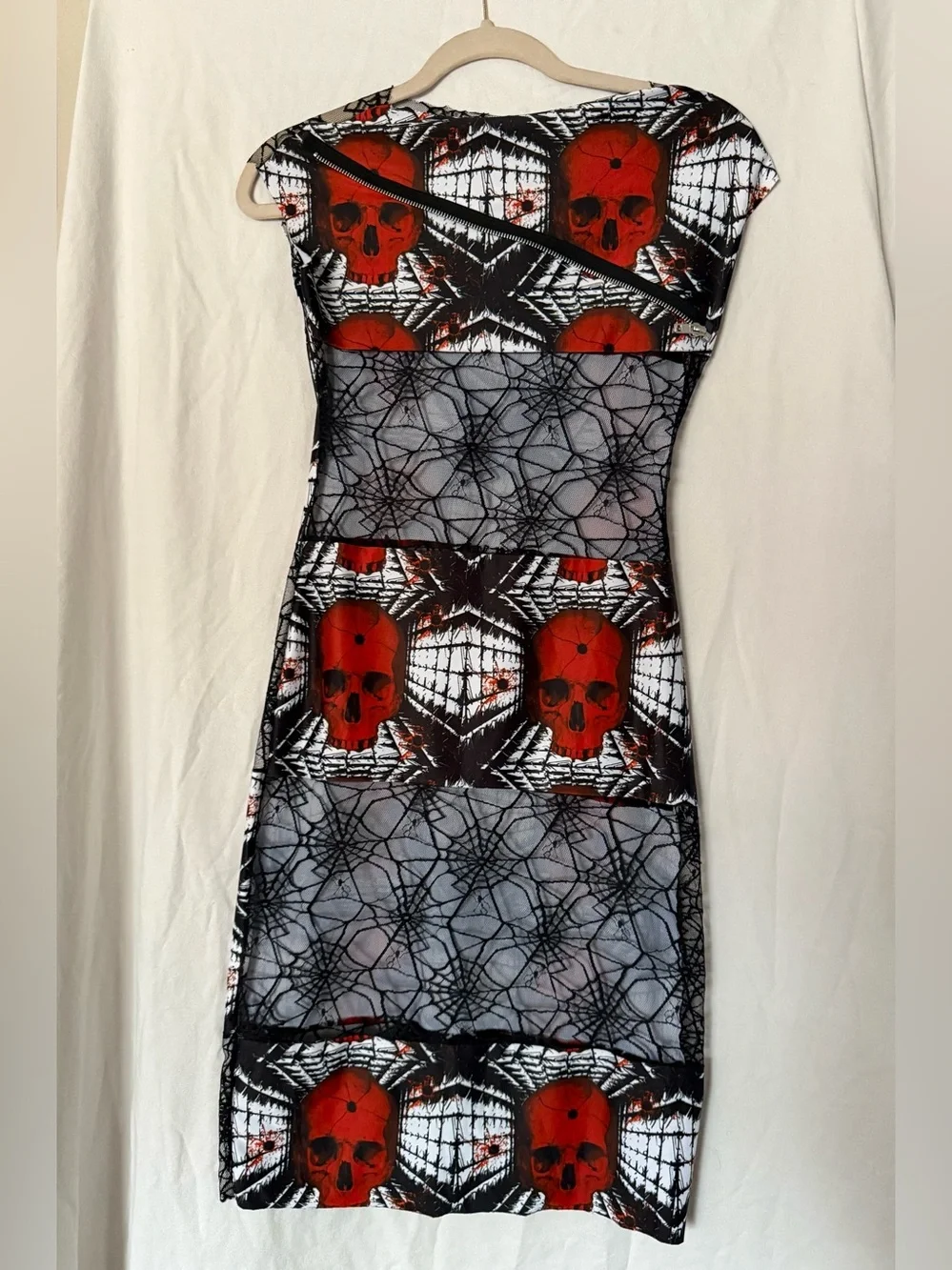 Charles of London Goth Red Skull Print Midi Dress with Black Mesh Accents